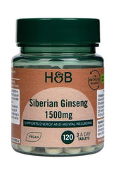 Holland & Barrett Siberian Ginseng 1500mg capsules, vegan, supports energy and mental wellbeing, 120 tablets.